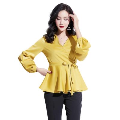 China Anti-Shrink Women's V-Neck Sleeve Bowknot Tie Temperament Basic Solid Color Long Shirt FPX10018 for sale