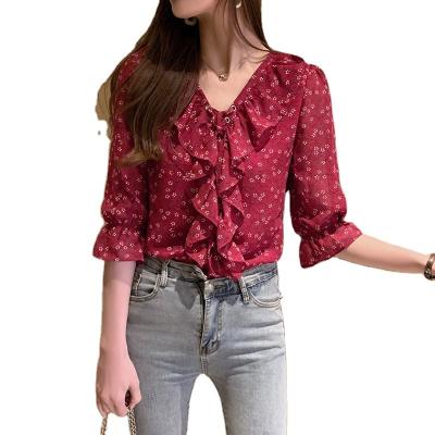 China 2020 Summer Style Fashion Small V-Neckline Shirt Breathable Floral Chiffon Shirt Female Red Western Shirt WCT3406 for sale