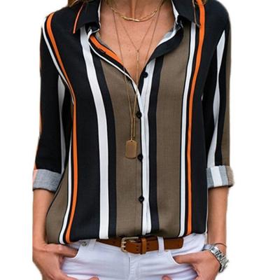 China New European and American hot sale breathable striped long sleeve V-neck chiffon shirt top ladies casual WCT21013 for sale