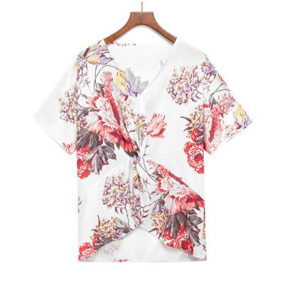 China European and American hot twist printing chest V-neck style summer chiffon breathable loose shirt WCT21025 for sale