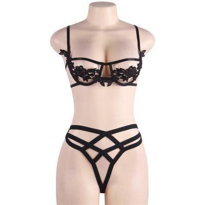 China Breathable women plus size transparent hollow lace elastic three-point sexy costume lingerie sexy bra IG1004 for sale