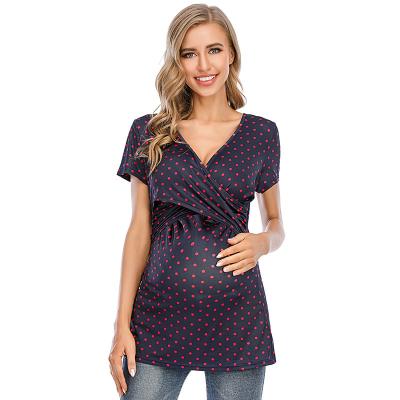 China Women's Maternity Polka Dot Print Dress Short Sleeve V-neck Breathable T-shirt Crossover Dress XY10014 for sale