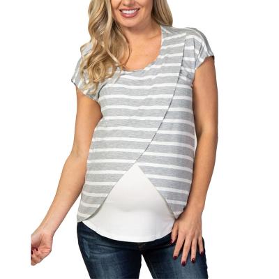 China Breathable Maternity Wear T-Shirt Striped Quilting Multilayer Wrap Breastfeeding Top XY10024 for sale