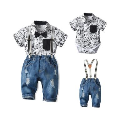 China Summer Formal Boys Set Cartoon Printed Triangle Short Sleeve Hayi Jeans Suit Onesie Sets Babies for sale