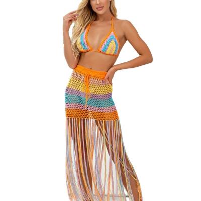 China Crochet Long Tassel Breathable Knitted Casual Swimsuit Cover Up Beach Wear Plus-size Bikini for sale