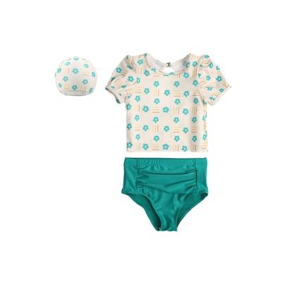 China Wholesale Breathable Little Girl Bubble Sleeved Top Shorts Hat Swimwear Set Girl Swimsuit Kids for sale