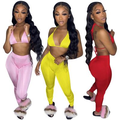 China QUICK DRY 2021 custom logo Women Hot Design Clothing Pink Halter Crop Tank Bra Top High Waist Striped Leggings Tights Pants 2 Piece Set for sale