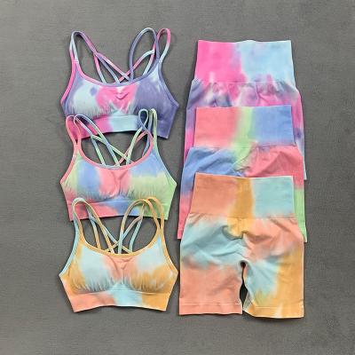 China F0304High Quality Plus Size Fitness Yoga Wear Knitting Bra Set Sports Gym Activewear Women Workout Seamless Tie Dye Yoga Set for sale