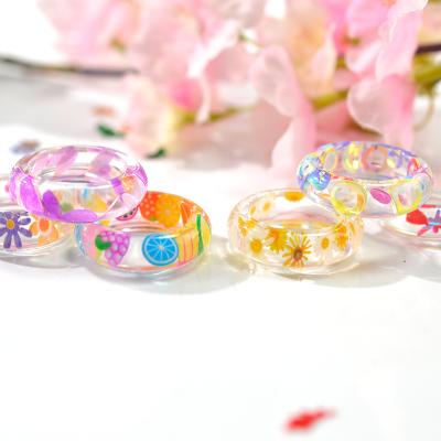 China Available Cute 6 Styles Fashion Colorful Acrylic Resin Rings DIY Anillos Dried Flower Jewelry Women Craft Gift for sale