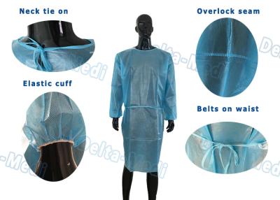 China Blue Waterproof Disposable Isolation Gowns Ties On Neck Elastic Cuff for sale