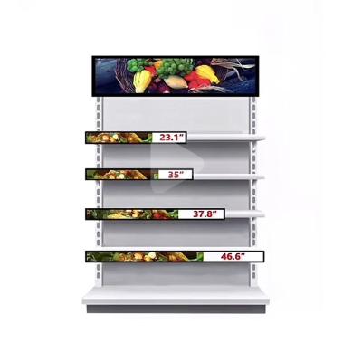 China Indoor 37 inch Stretch Bar Display Advertising 4K Strip Screen for Shelf LCD Monitor Wide Edge Superstore Shelf Screen Price Display for sale