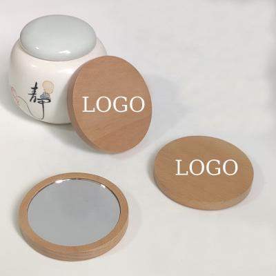 China Wholesale Custom Handheld Eco-Friendly Lighted Bamboo Mirrors Lighted Logo Round Pocket Mini Wooden Cosmetic Makeup Mirror for sale