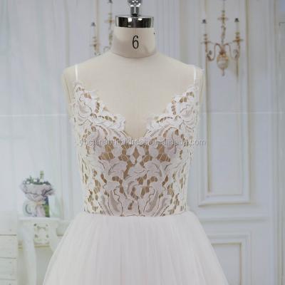 China Anti-Static Ivory French Lace With Nude Tulle See The Bodice With Tulle Skirt Backless Wedding Dresses for sale