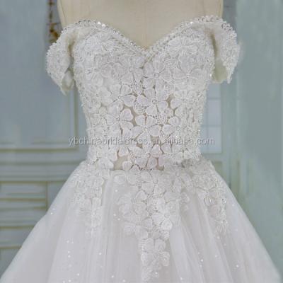 China Flower Pattern Anti-Static French Lace With Clear Beads Off The Shoulder Wedding Dress for sale