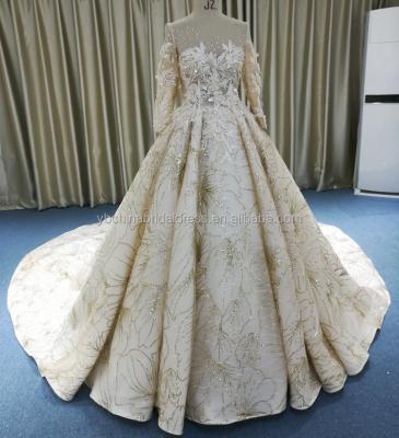 China Anti-Static Flower Pattern With Glamorous Shiny Sequin And 3D Lace On The Bodice 3/4 Sleeves Bridal Gowns Wedding Dress Ball for sale