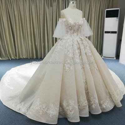 China Anti-Static Off The Shoulder Organza Sleeves With Shiny Gold Skirt Wedding Dress Big Ball Gown Wedding Dress for sale