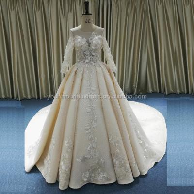 China Anti-Static 3/4 Lace French Sleeves With Shiny Ball Gown Skirt New Arrivals Wedding Dress for sale