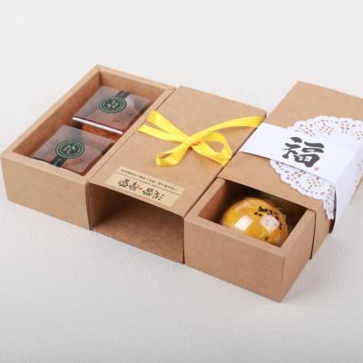 China High Recyclable Recyclable Kraft Paper Moon Cake Gift Box With Ribbon Candy Macaroon Drawer Box Packaging for sale