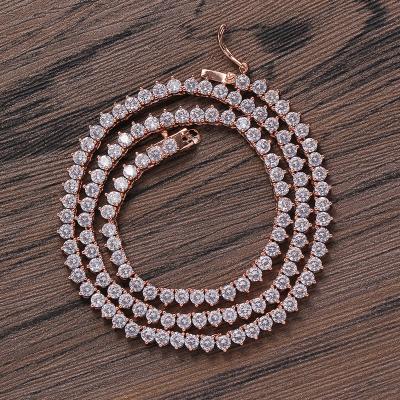 China Personalized Hip Hop Rose Gold Necklace Jewelry 3 Claw Inlaid ZIRCON TENNIS Chain For Girls Party for sale