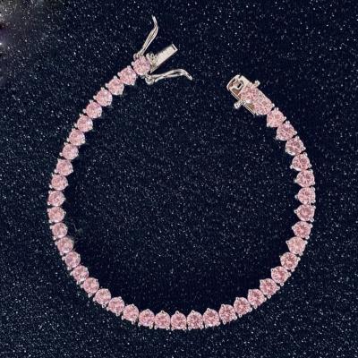 China Hiphop Three-prong White Gold 4mm Hot Pink Diamond CZ Tennis Bracelet Women for sale