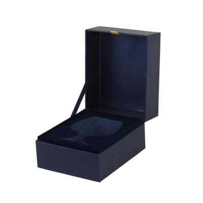 China Handmade Custom Logo Imitate Leather Blue Paper Flocking Plain Glass Cup Mug Gift Box With Foam Insert for sale