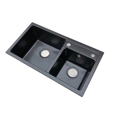 China With Faucet Eco-friendly Artificial Granite Stone Double Bowl Quartz Kitchen Sink Black Granite Stone Kitchen Sink for sale