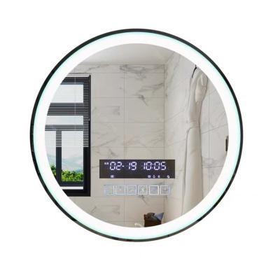 China Hotel LED bathroom mirror double diameter 60 magnifying touch screen/light/misting/time-temperature/frameless intelligent round bathroom mirror for sale