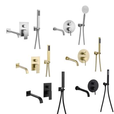 China Without Slide Bar SUS 304 Stainless Steel Matte Black Gold Rough-in Valve And Balance Kit Wall Mounted Tub Tub Faucet With Hand Shower Head for sale