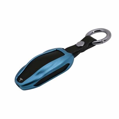 China topfit Premium Aluminum Metal Car Key Case Shell Cover with Key Chain for Tesla (Blue, Model S) for sale