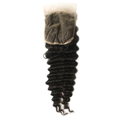 China Grade 10A Remy Hair Deep Wave Cheap Brazilian Human Deep Wave Pre-plucked Transparent 5*5 Lace Closure for sale