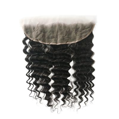 China Indian Hair Raw Deep Wave 100% Deep Wave Hair Pre-plucked Small Knot 13*4 HD Transparent Lace Headband for sale