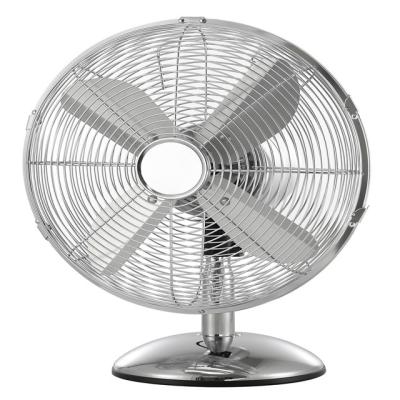 China Exterior Chrome Metal 12 Inch Swing Style Table Fan With 3 Speeds For Home Office for sale