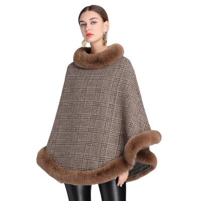 China New Design Faux Fox Fur Collar Faux Striped Cashmere Striped Main Coat Ladies Knitted Fur Shawl for sale