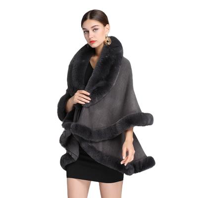 China Wholesale Stylish Striped Faux Fur Women Fashion Trim Poncho With Rex Rabbit Cashmere Fur Cape for sale