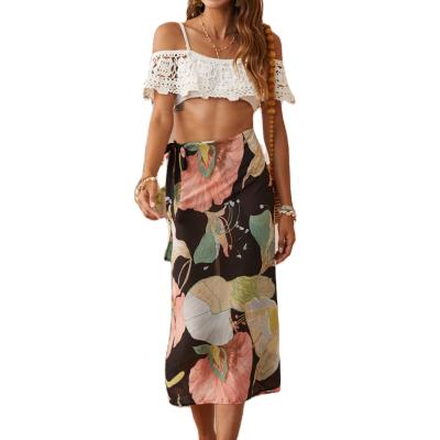 China 2021 European and American Summer Breathable Chiffon Skirt Fashion Lotus Leaf Printing Beach Skirts for sale