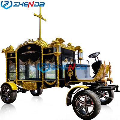 China European Classic Black Burial Gold Vintage Style Electric Cross Horse Yew Pulling Horse-drawn Yew Funerall Supplies Metal Casket Casket for sale