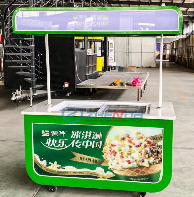 China Easy To Operate Logo Fresh Green Ice Cream Cart Mobile Snack Hand Trailer Customized Pulley With Freezer for sale