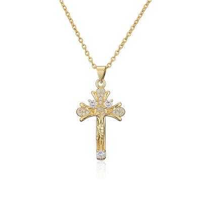 China Jesus Cross Pendant Necklace Real Gold Plated Copper Micro Set Hip Hop Religious Ornament for sale