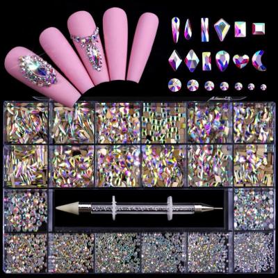 China Decorate Crystal Nail Art Mix Shape Fancy Shaped Rainbow Nail AB In Glass Rhinestone Flat Bottom Box Nail Art Decoration Rhinestones for sale