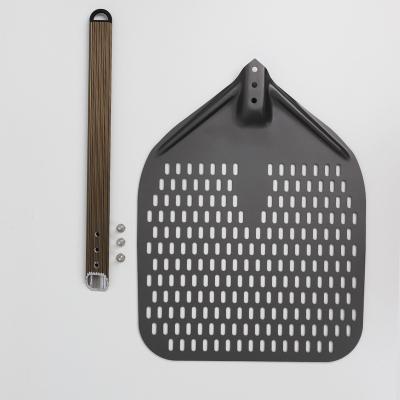 China Durable Aluminum Pizza Turning Shovel 12 Inch Black Hard Aluminum Perforated Pizza Skin for sale