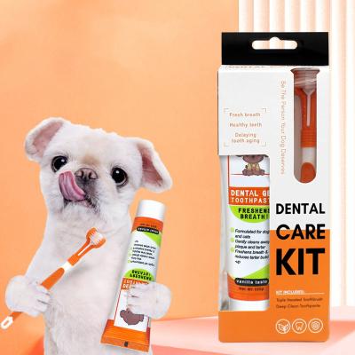 China Stocked Mouth Cleaning Products For Dogs Pet Toothpaste Three Side Brush Head Design Pet Toothbrush Set for sale