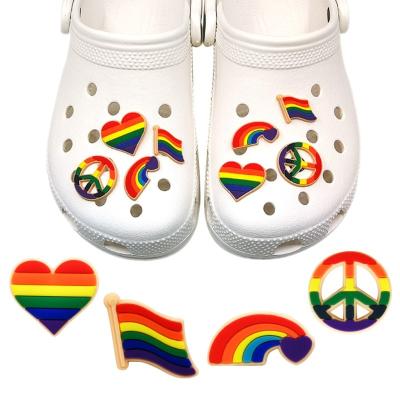 China New Cute Shoe Buckle PVC Shoe Ornament Rainbow Flag Cartoon Colorful Shoe Charms Shoe Accessories Girl Child Sandals Wholesale Custom Wristband for sale