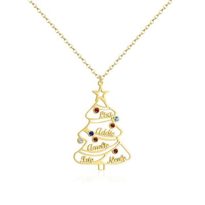 China Christmas Gift Jewelry Stainless Steel 18k Gold Plating Color Diamond Christmas Tree Family Name Custom Fancy Necklace for sale