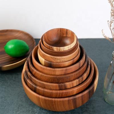 China Sustainable Amazon hotselling Acacia Wood Salad Bowl Dishes Natural Wood Dining Tableware for sale