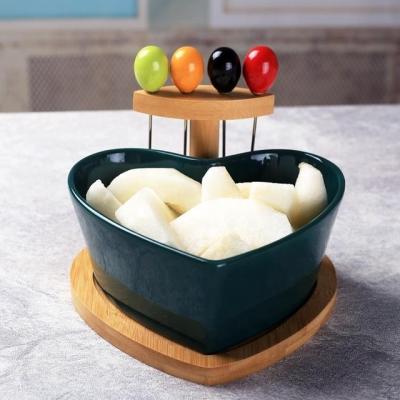 China Sustainable Heart Shape Ceramic Bowls With Bamboo Base Rack For Fruit, Soup, Dessert And Snack Party for sale