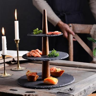 China Viable 3-Tier Stone Slate Cake Stand Three-Layer Rock Slate Cake Stand Birthday Party Dessert Display Tray Lava Rock Slate Plates Wedding for sale