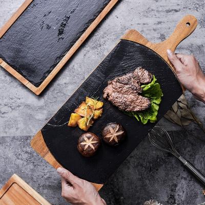 China Sustainable Slate Stone Dishes Sets Wooden Sushi Steak Board And Tray With Slate Rock Dishes Set For Household And Restaurants for sale