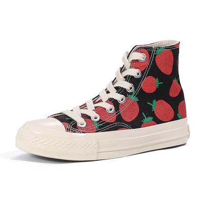 China EVERTOP Anti-Smell Strawberry New Design Lace Fashion Sneakers Comfortable Canvas Ankle High Shoes Women for sale