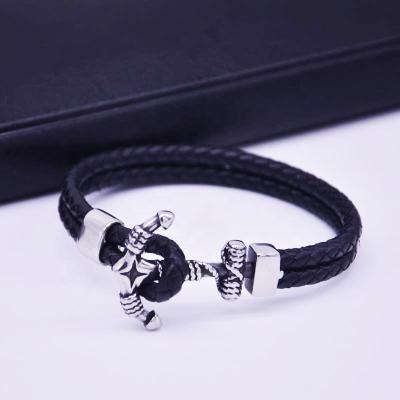 China Wholesale Personality Anchor Men's Double Woven Bracelet Genuine Leather Men's Anchor Hook Bracelet for sale