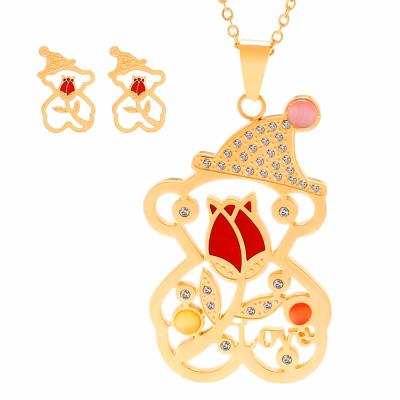 China JMY New Trendy Bear Crystal Wish Charm Pendant and Earring Stainless Steel Jewelry Set for sale